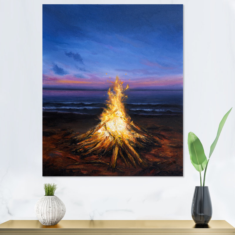 Feu de camp sur un coucher de soleil - art nautique et côtier sur toile, H 20 po x l 12 po x P 1 po, Toile tendue