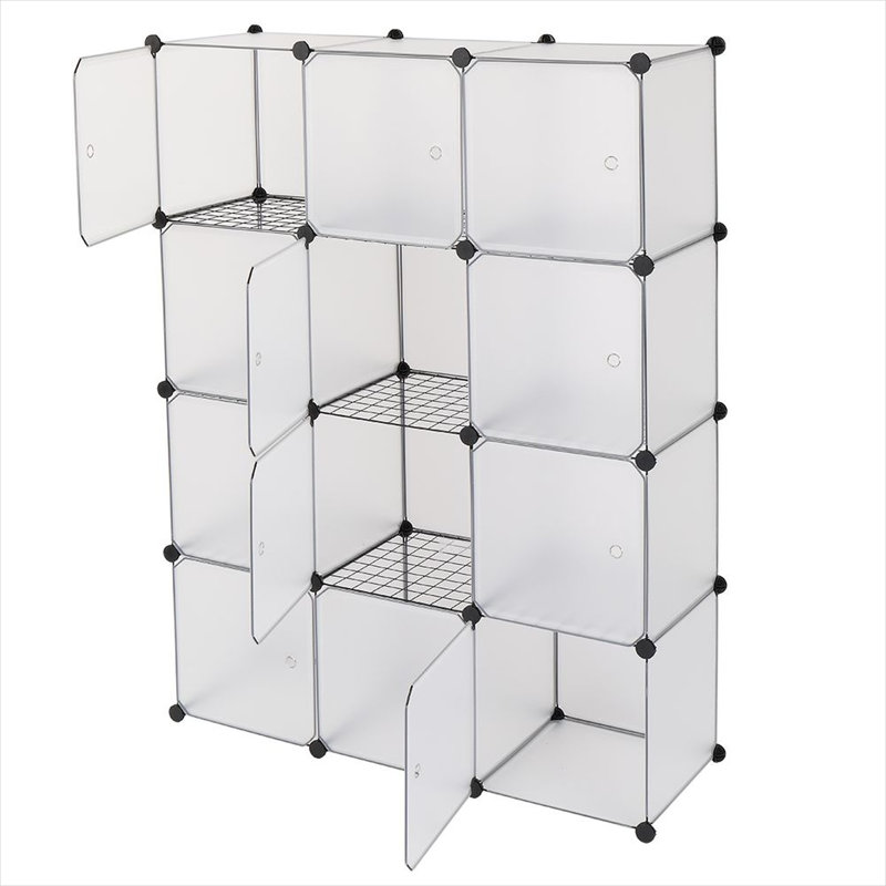 Étagère de salon à 12 cubes, blanc pur, avec structure en acier et montage facile.