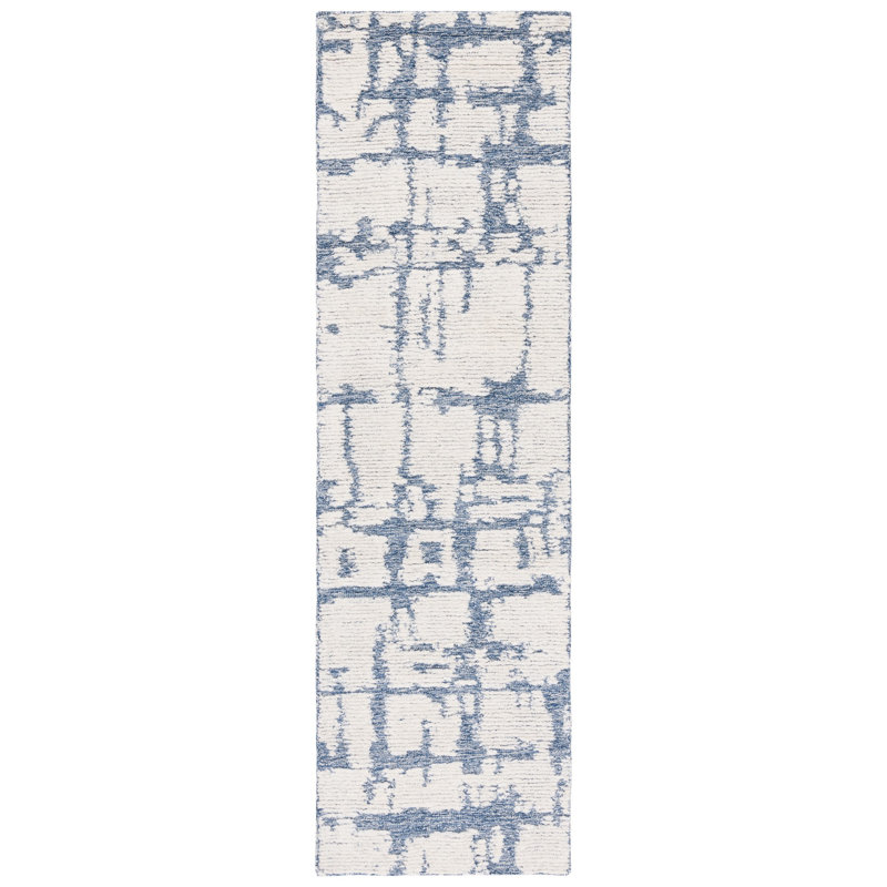 Martha Stewart Hand Tufted Wool/Cotton Abstract Rug in Blue/Ivory, Runner 2'3" x 8'