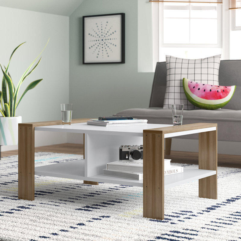 Modern Coffee Table, White & Walnut, 35.4 x 16.5 x 23.6 inches | 100% Melamine Coated Particle Board, Thickness: 0.7 inches | Stylish Design with 8.7-inch Shelf Height, Perfect for Living Room & Contemporary Spaces
