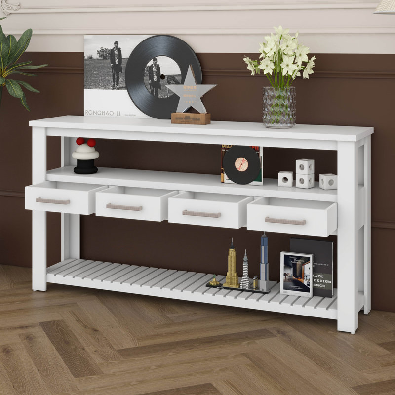 Grande console de 62,2 pouces avec 4 tiroirs, tablettes ouvertes à 3 niveaux, poignées en métal et pieds réglables, Blanc