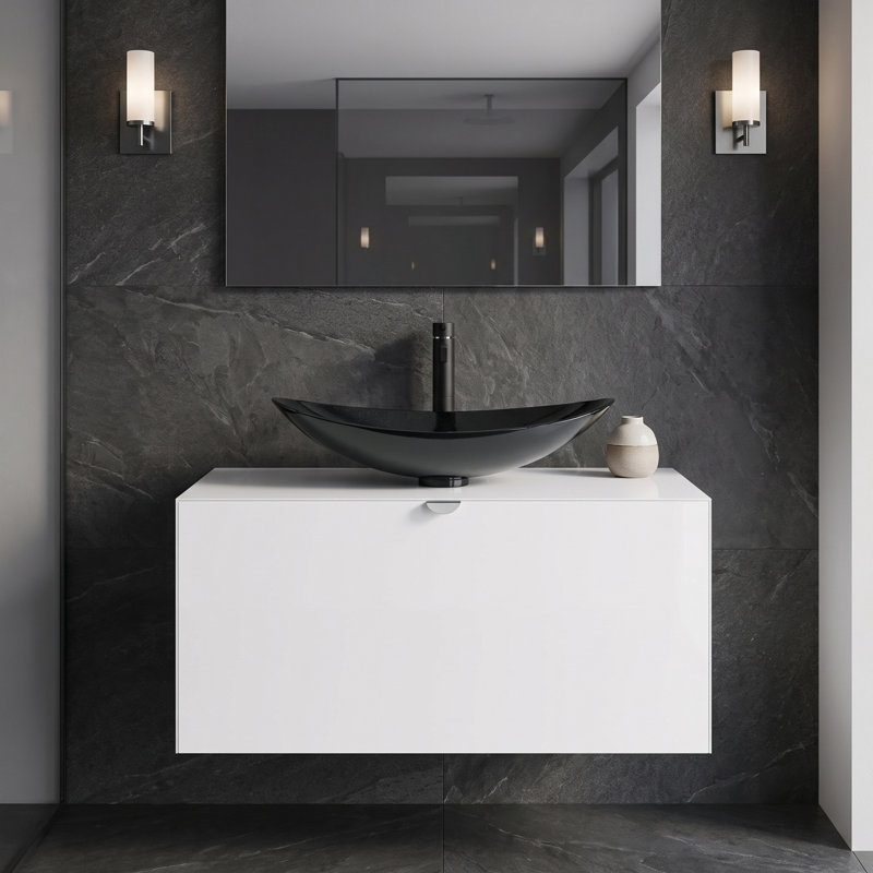 Mia 39.5'' Single Bathroom Vanity with Glass Top, White, White