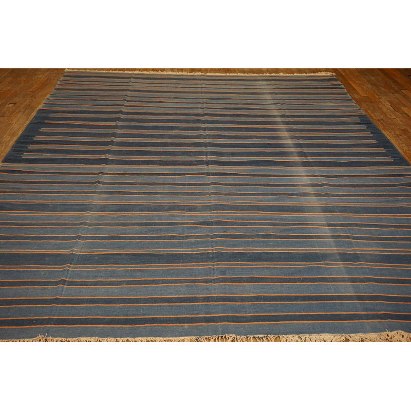 Blue Color Striped Pattern Antique Flat Weave Cotton Indian Dhurrie Rug
