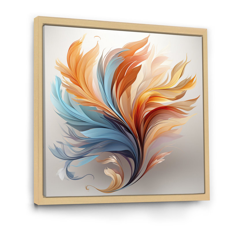 Fractale, plume bohémienne orange et turquoise - art mural plumes, Cadre flottant érable, H 24 po x l 24 po x P 1 po
