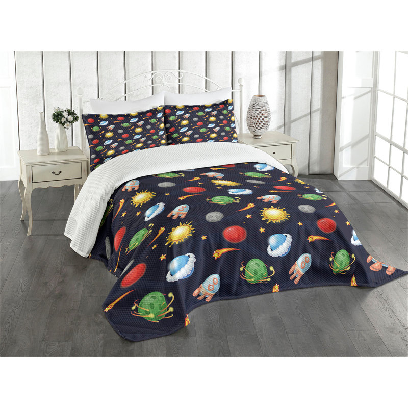 Ambesonne Space Bedspread Set  Cosmos with Sun Planets  Multicolor, King Coverlet / Bedspread + 2 Standard Shams