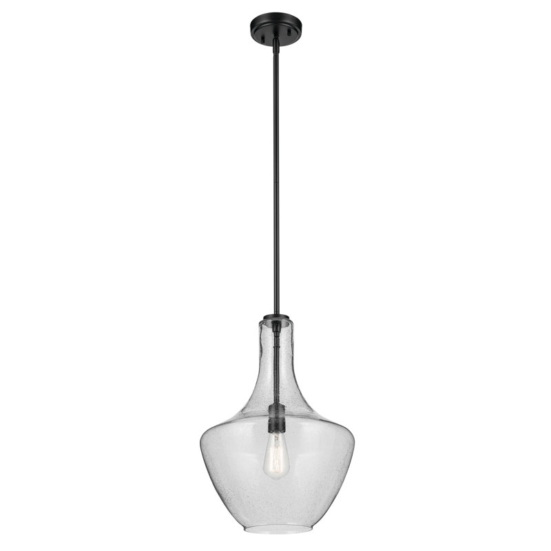 19.75" 1-Light Bell Pendant with Clear Seeded Glass, Satin Black
