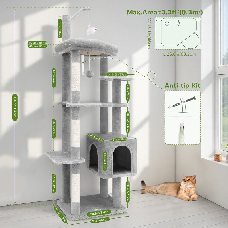 Tour pour chat pour adultes avec chat et griffoir amovible CT65F, Light Grey