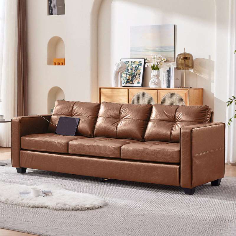 88” W Faux Leather Couch With Square Armrests, Faux Leather - Dark Brown
