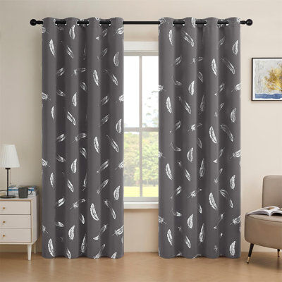 2‑Panel Blackout Curtains, Silver Foil Feather Print