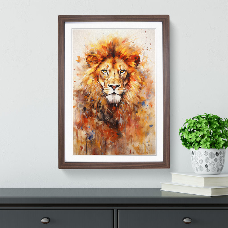 Lion Expressionism - Single Picture Frame Print on Wood, Walnut Framed, 46cm H x 34cm W x 2cm D
