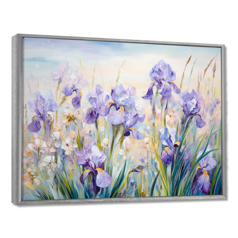 Purple Irises Country Charm - Print, 24" H x 32" W x 1" D, Silver Floater Framed