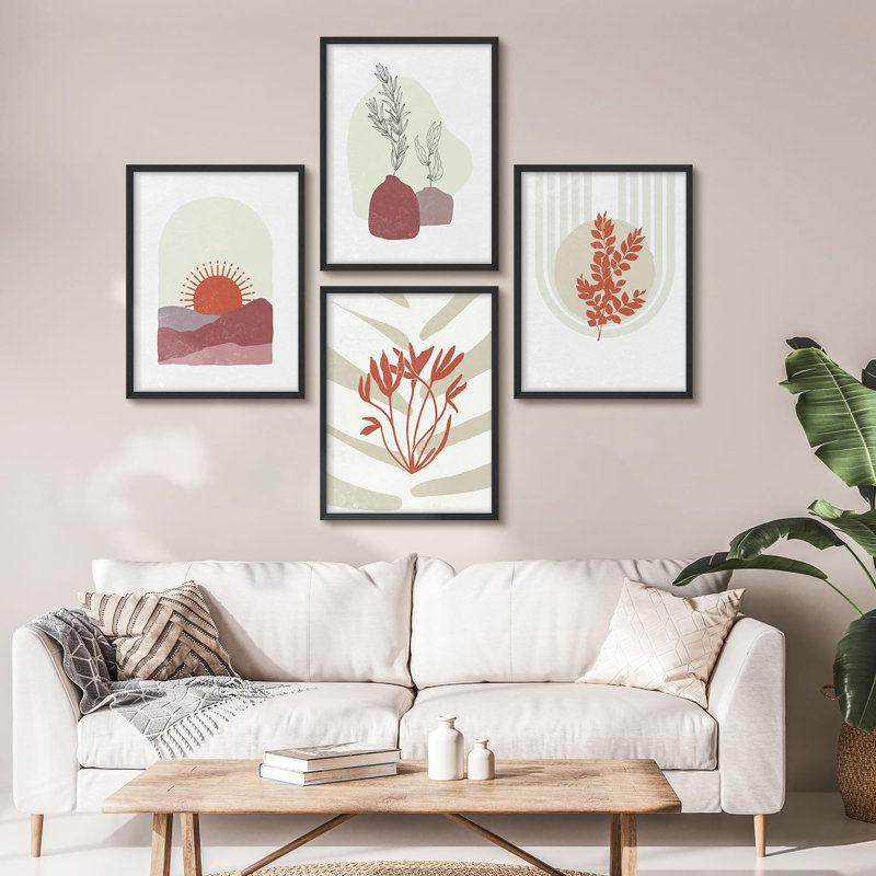 Boho, soleil et plante, œuvre d'art moderne minimaliste, décoration murale, Noir, H 14 po x l 11 po