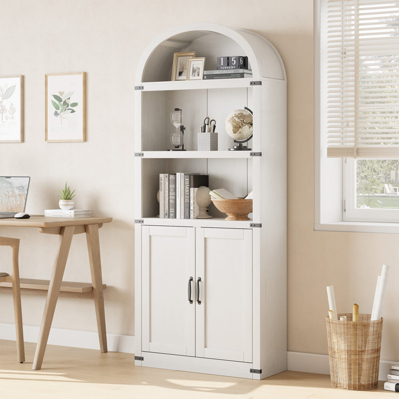71.65" Tall Arched Bookcase with 2 Doors – Farmhouse Cabinet with Shelves for Home Office, Living Room (White), White