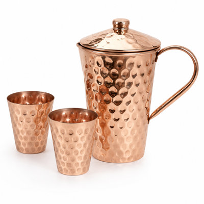 Ambiente Handmade Pure Copper Pitcher Set with Lid & 2 Copper Tumblers – Hammered Copper Water Pitcher, Copper Water Jug, Copper Pitcher and Cup Set, Shiny Copper Drinkware for Drinking & Entertaining