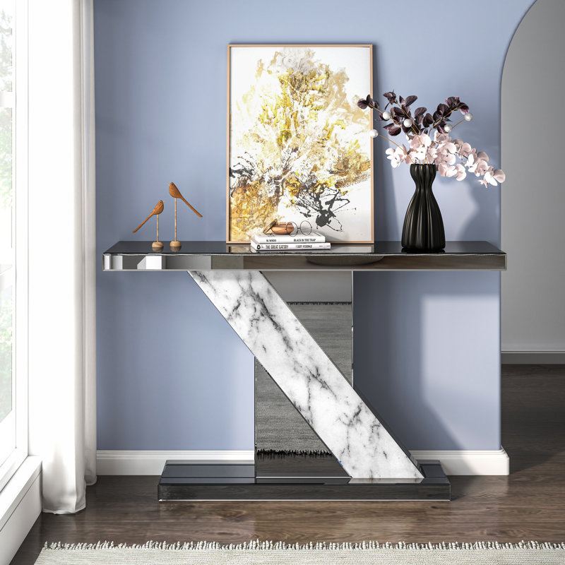 Rillamas 47.24'' Mirrored Glass Console Table Imitation Marble Sofa Entryway Table