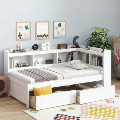 Lit simple en forme de L avec prises de courant et charge USB