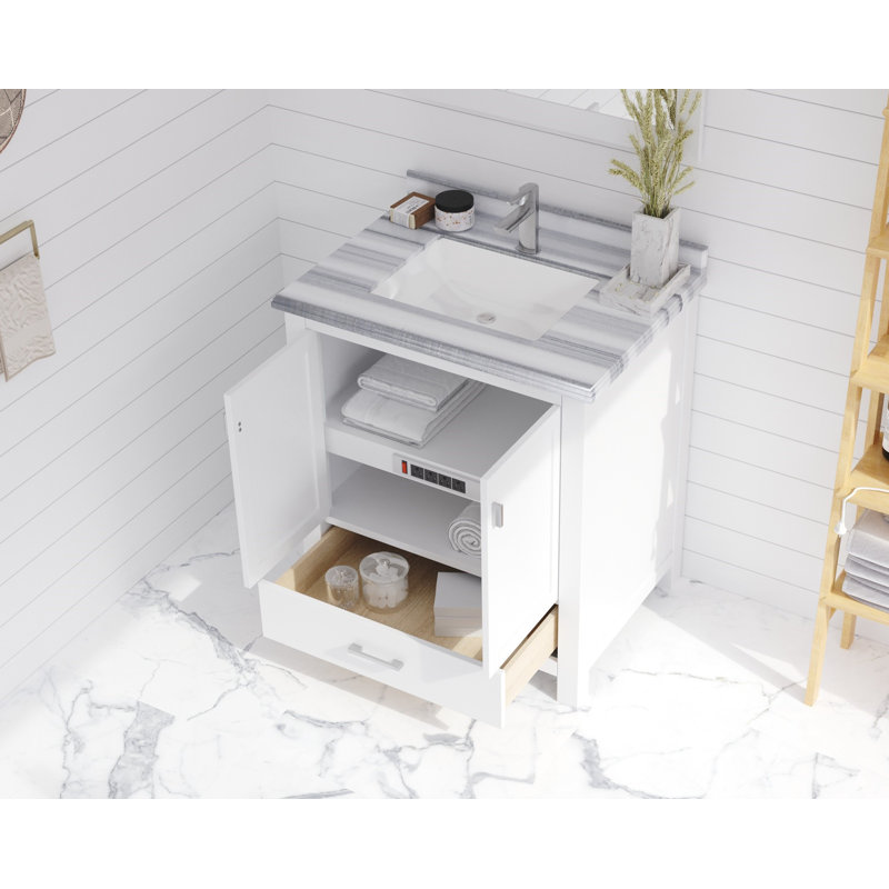 Mariário 30'' Single Bathroom Vanity with Solid Surface Top, White Stripes, White