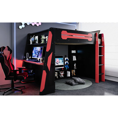 Lit mezzanine en bois rouge pour le travail et les jeux, avec éclairage ambiant sous la télé, 6 ans et plus de rangement,