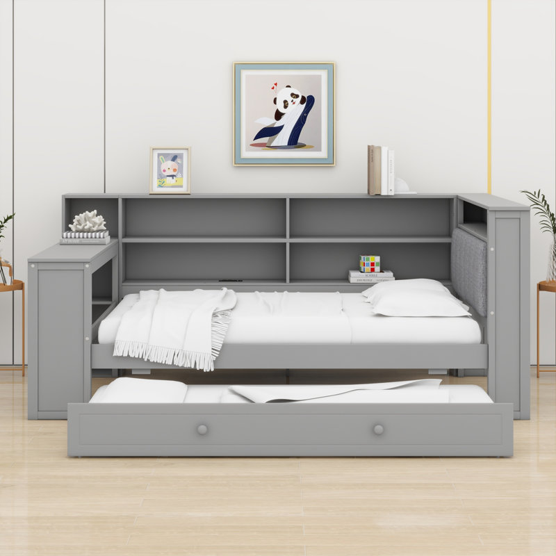 Wood Platform Bed with Upholstered Headboard, LED Lights, Charging Station, Storage Shelves, Trundle Bed & Desk