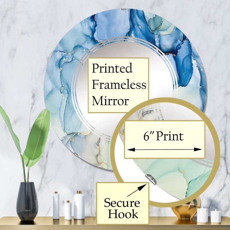 Bleu luxueux abstrait fluide Art XXV - miroir mural moderne rond, 32 po x 32 po