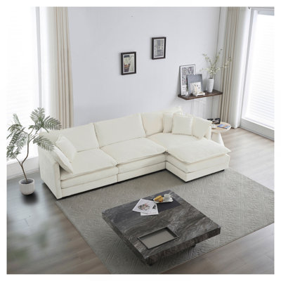 Free Combination Comfy Upholstery Modular Oversized L Shaped Sectional Sofa With Reversible Ottoman, White Chenille