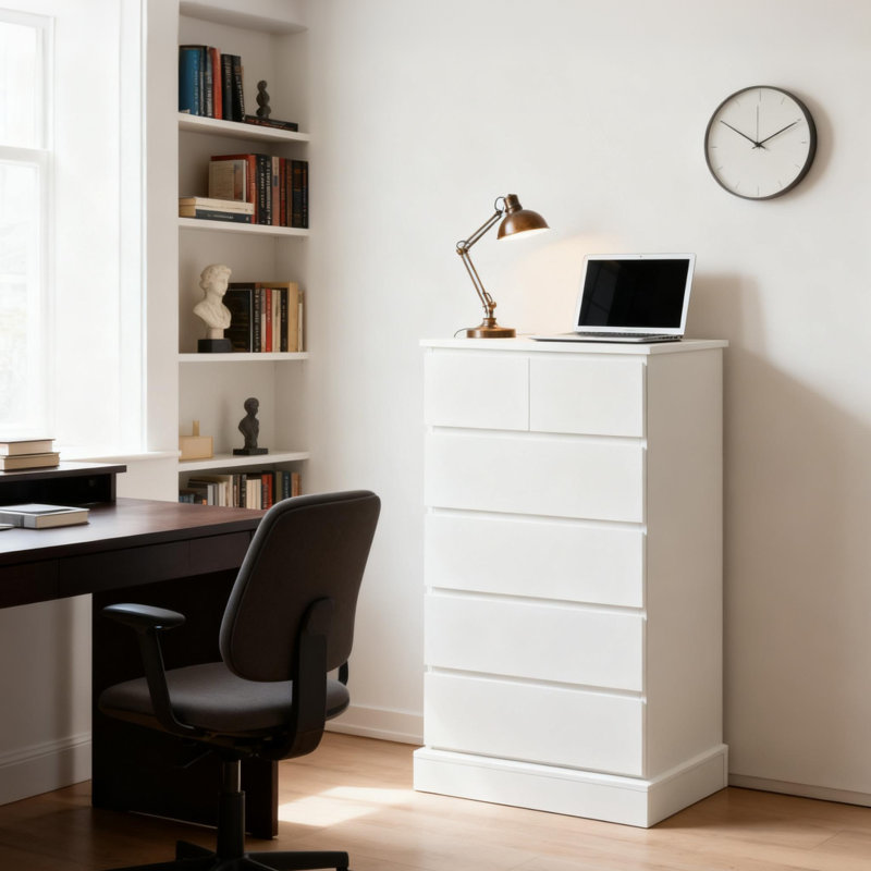 Commode haute 6 tiroirs, armoire de rangement moderne sans poignée avec ensemble anti-basculement pour chambre à coucher et salon