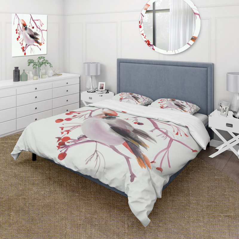 Oiseau de cire sur une branche - Ensemble de housse de couette traditionnel - Microfibre de polyester