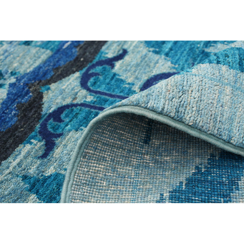Tapis oriental bleu clair en laine noué à la main Deluna, Rectangle 3 pi 2 po x 5 pi 8 po