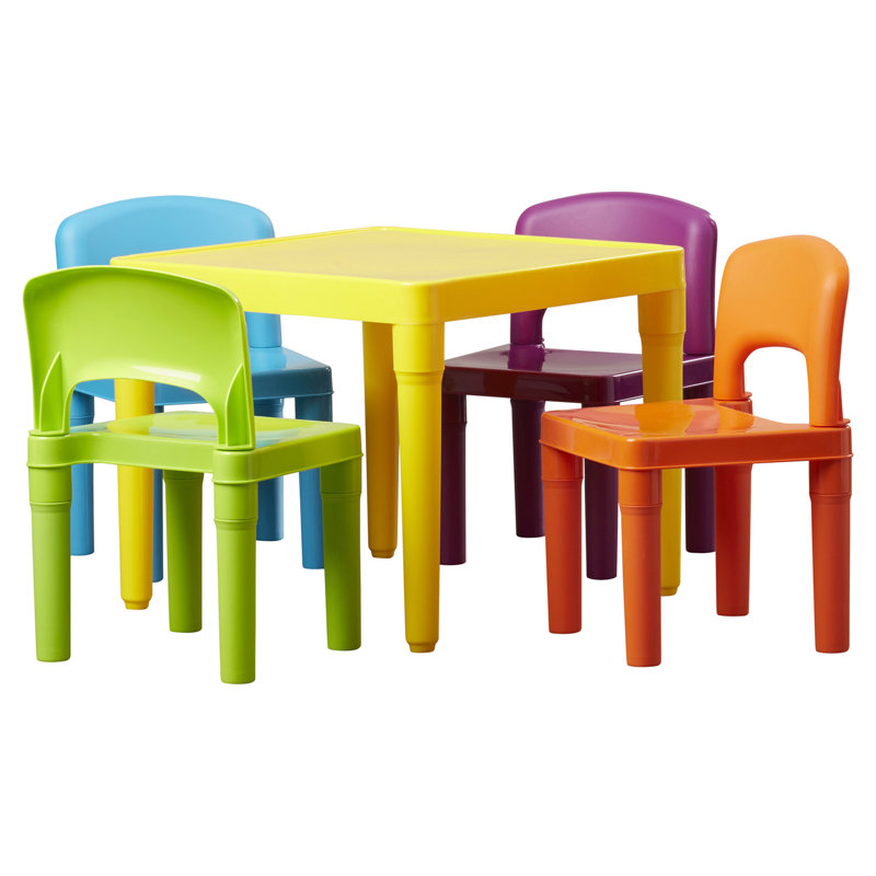 Kids 5 Piece Square Play Or Activity Table and Chair Set, Yellow/Purple/Orange/Green/Aqua