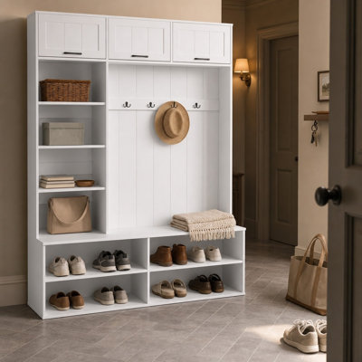 77" Farmhouse Hall Tree with Bench, 4 Coat Hooks, Shoe Storage & Adjustable Shelves, 5-in-1 Entryway Organizer for Hallway
