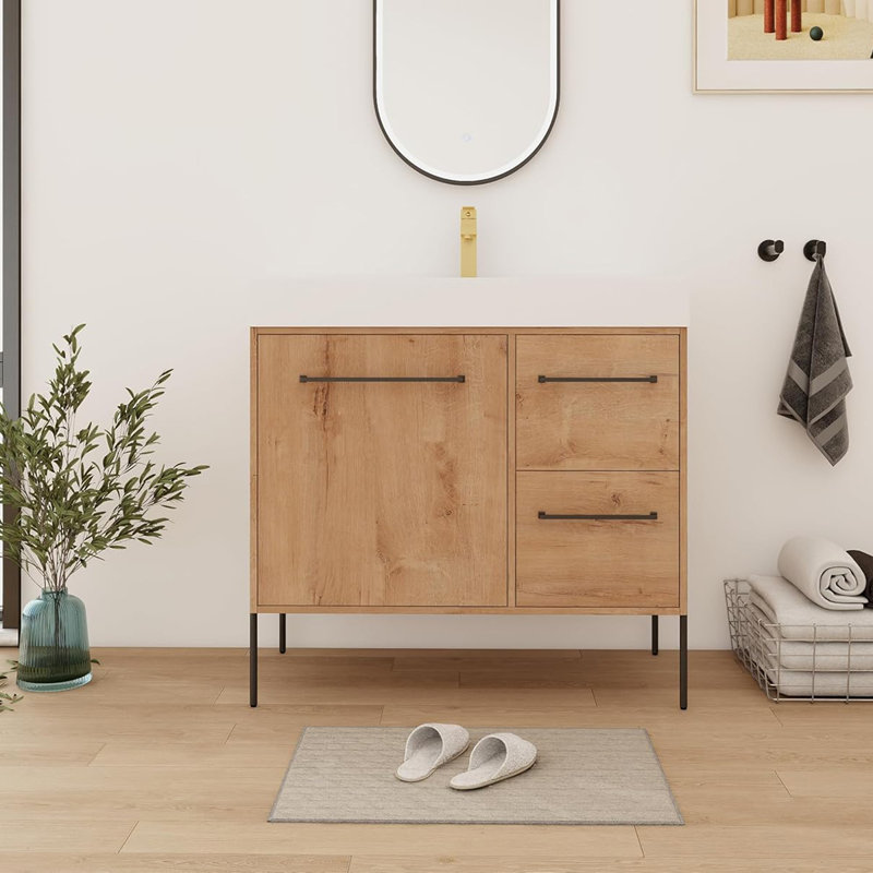 Meuble-lavabo sur pied 36 po avec lavabo en résine blanche, porte d'armoire à fermeture en douceur et 2 tiroirs, imitation chêne