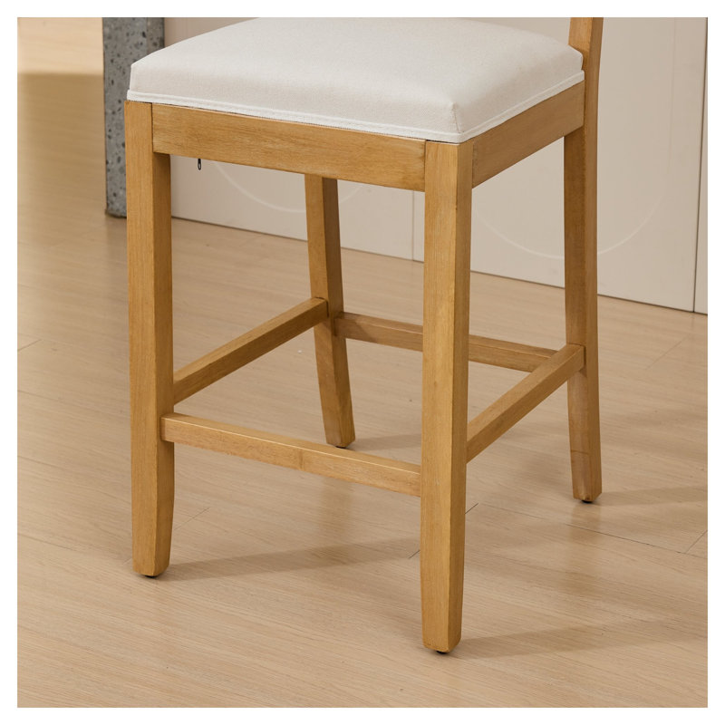 Ensemble de 2 tabourets de bar en bois massif à dossier en rotin avec coussin en lin beige, siège de style nautique à hauteur de comptoir