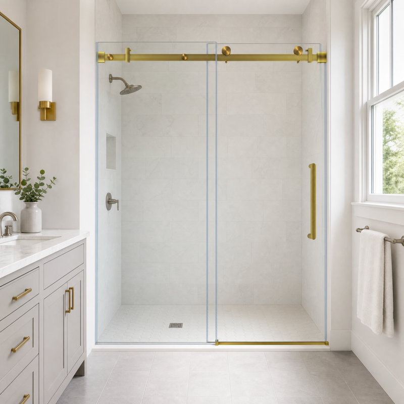 Porte de douche coulissante simple sans cadre l 56 à 60 po x H 76 po, verre trempé 1/4 po, or brossé