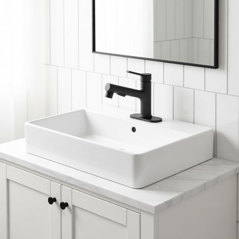Robinet de lavabo de salle de bain avec douchette extractible, robinet de lavabo de salle de bain moderne à poignée simple avec bouchon de bonde escamotable et plaque de pont, noir mat