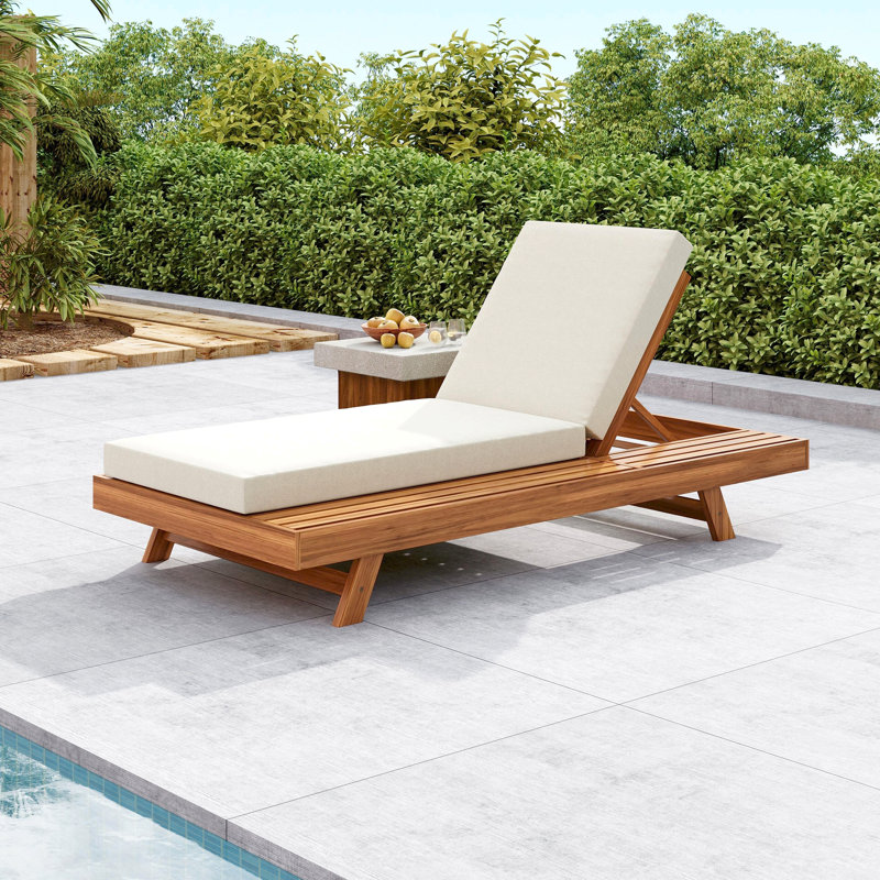 LOUNGE CHAISE SET, SPACE AVAILABLE ON ONE SIDE,ACACIA WOOD WITH WATER-RESISTANT LOUNGE CUSHIONS (CREAM & 4 INCH THICK) - MATCHING DARK GREY VERSION AVAILABLE