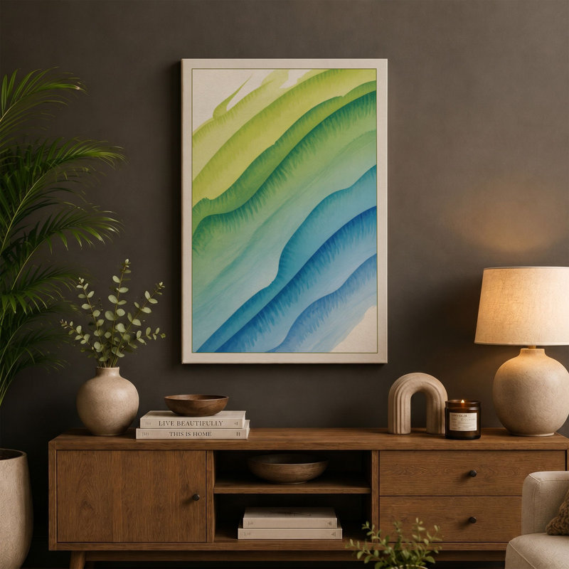 Flowing Waves Abstract 1 Piece Wrapped Canvas Wall Art, 24x16 - 61.0 x 40.6 cm, Sage Border