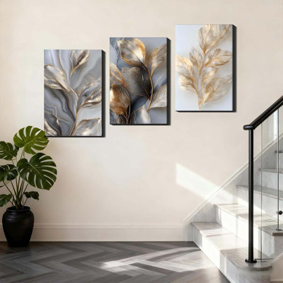 3 Pc Large Wall Art - Gold Leaf Marble Abstract Decor, Luxury Textured Prints for Living Room, Oversize Elegant Wall Art 30x45cm