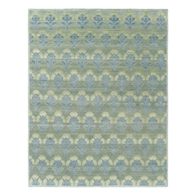 Rug & Kilim’S Custom Block Print Rug Design With Blue And Green Floral Pattern