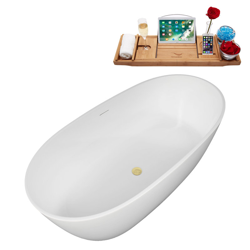 59" Streamline Soaking Freestanding Tub and Tray With Internal Drain, Polished Brass