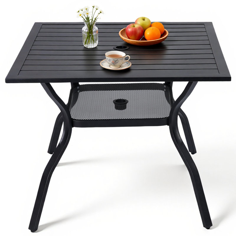 37" Outdoor Dining Table for 4, Metal Square Patio Dining Table with Adjustable Umbrella Hole for Garden, Backyard and Porch, Black
