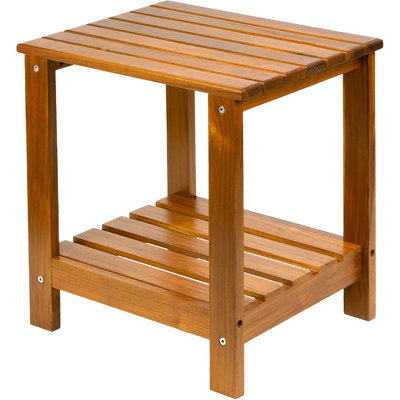 2-Tier Teak Wood End Table With Storage Shelf, Versatile Indoor Outdoor Side Table And Shower Corner Caddy With Slatted Design