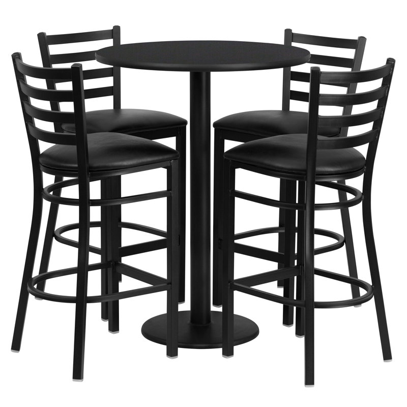 Aniket 30'' Round Laminate Table Set with Round Base and 4 Ladder Back Metal Barstools, Black Faux Leather