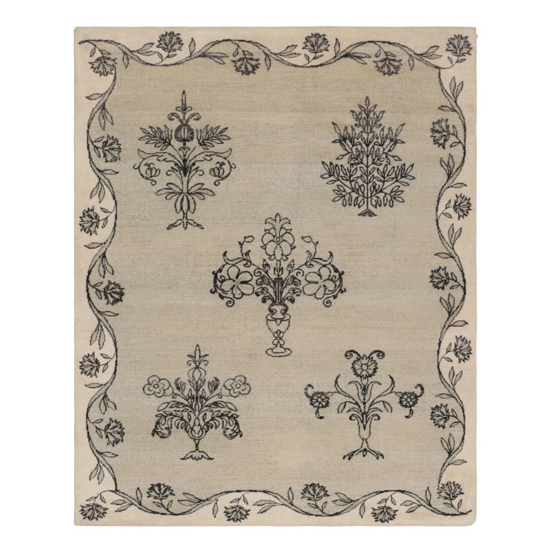 Rug & Kilim’S Block Print Rug, White And Taupe With Elegant Black Floral Motifs