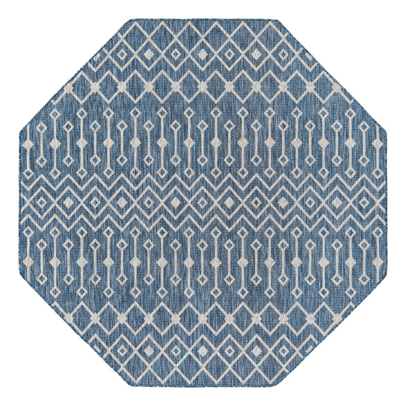 Tapis bleu sarcelle intérieur / extérieur à motif tissé à la main Southbrook Innnsbrook, Octogone 7 pi 10 po x 7 pi 10 po