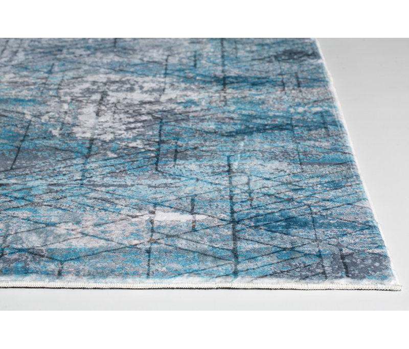 Tapis bleu-gris à motif abstrait cubique moderne, Rectangle 5' x 7'