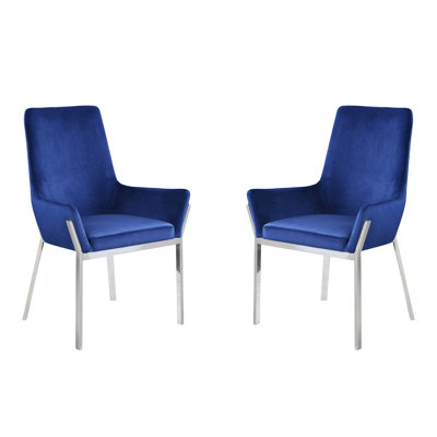 Set Of 2  Velvet Upholstered Side Chairs In Mirrored Silver Finish Only Chairs, Not Including Tables