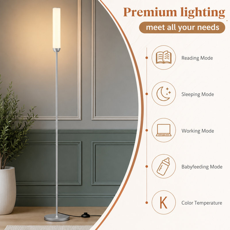 Lampe sur pied à DEL 65 pouces avec télécommande, réglable en continu de 3000 K à 6500 K couleurs, luminosité de 30 à 100%, interrupteur au pied, finition argentée