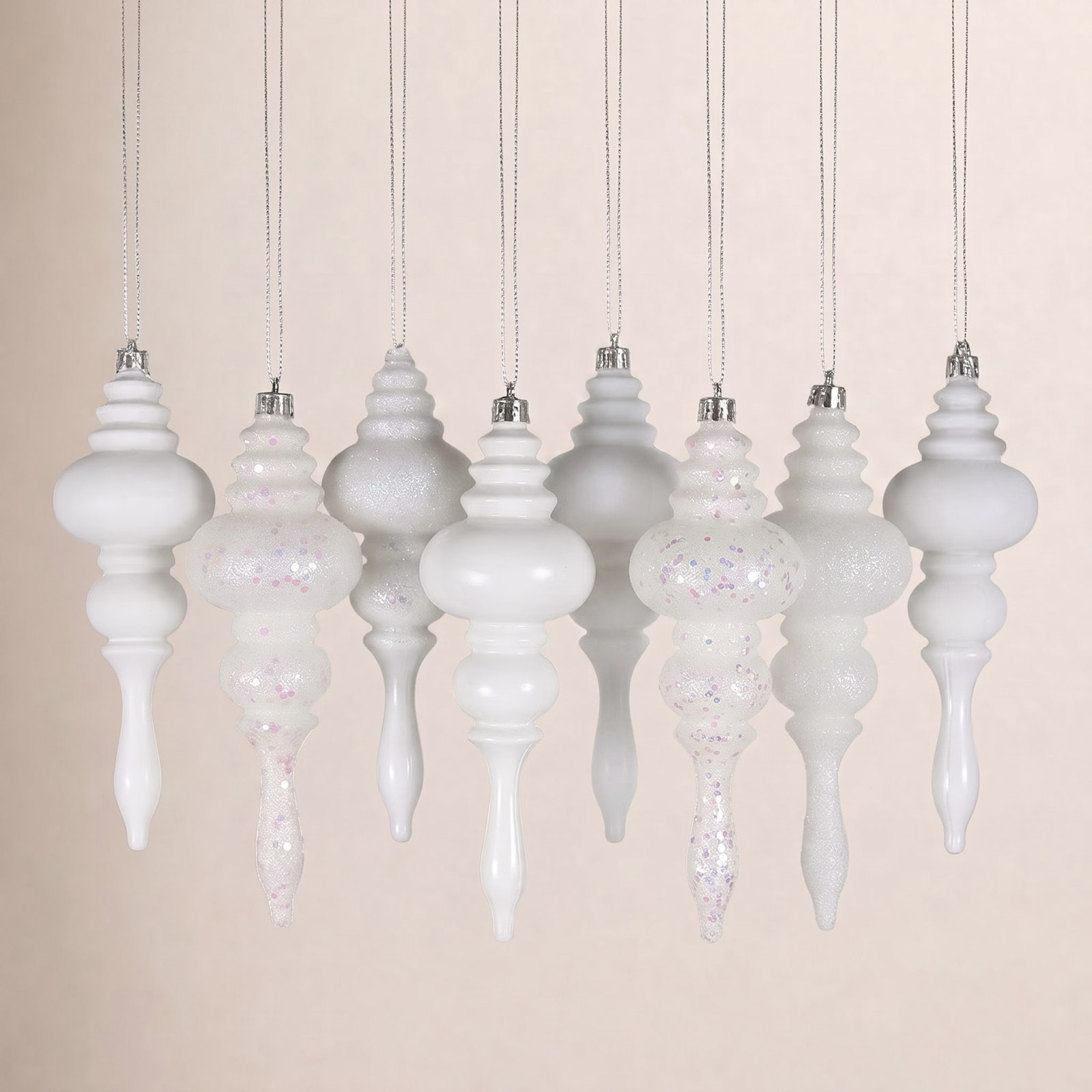 7" Shatterproof Finial Ornament, Winter White