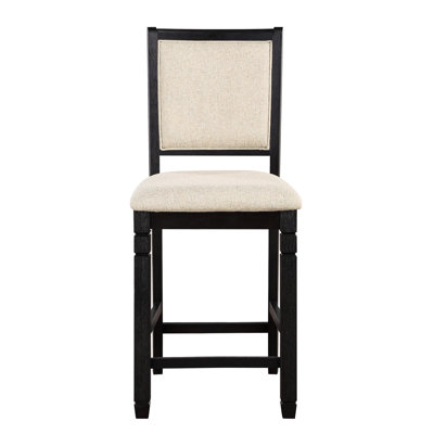 2 chaises à hauteur de comptoir, structure en bois à finition noire et siège en tissu d'ameublement texturé beige