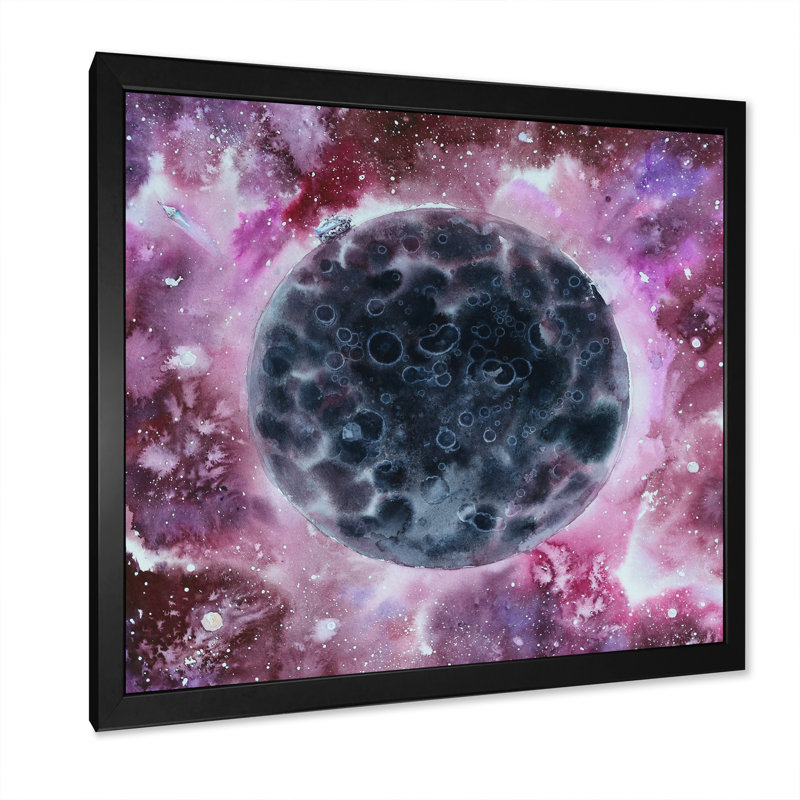 Black And Purple Moon - Modern Print, 36" H x 36" W x 1.5" D, Black Picture Framed Canvas